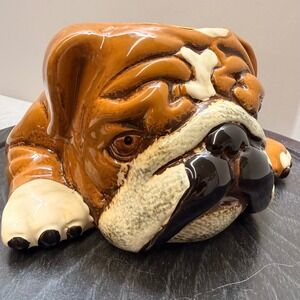 Ceramic English Bulldog Planter Figurine Brown Glossy Glaze Dog Decor Catchall